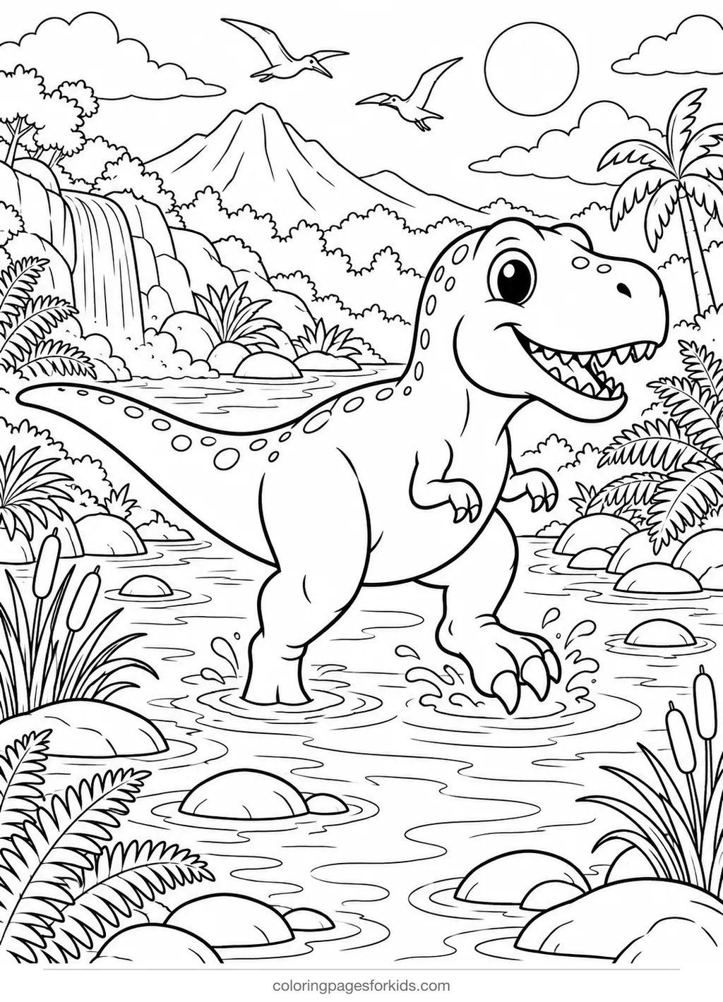 T-Rex coloring page of a dinosaur crossing a river, detailed printable for ages 7-10