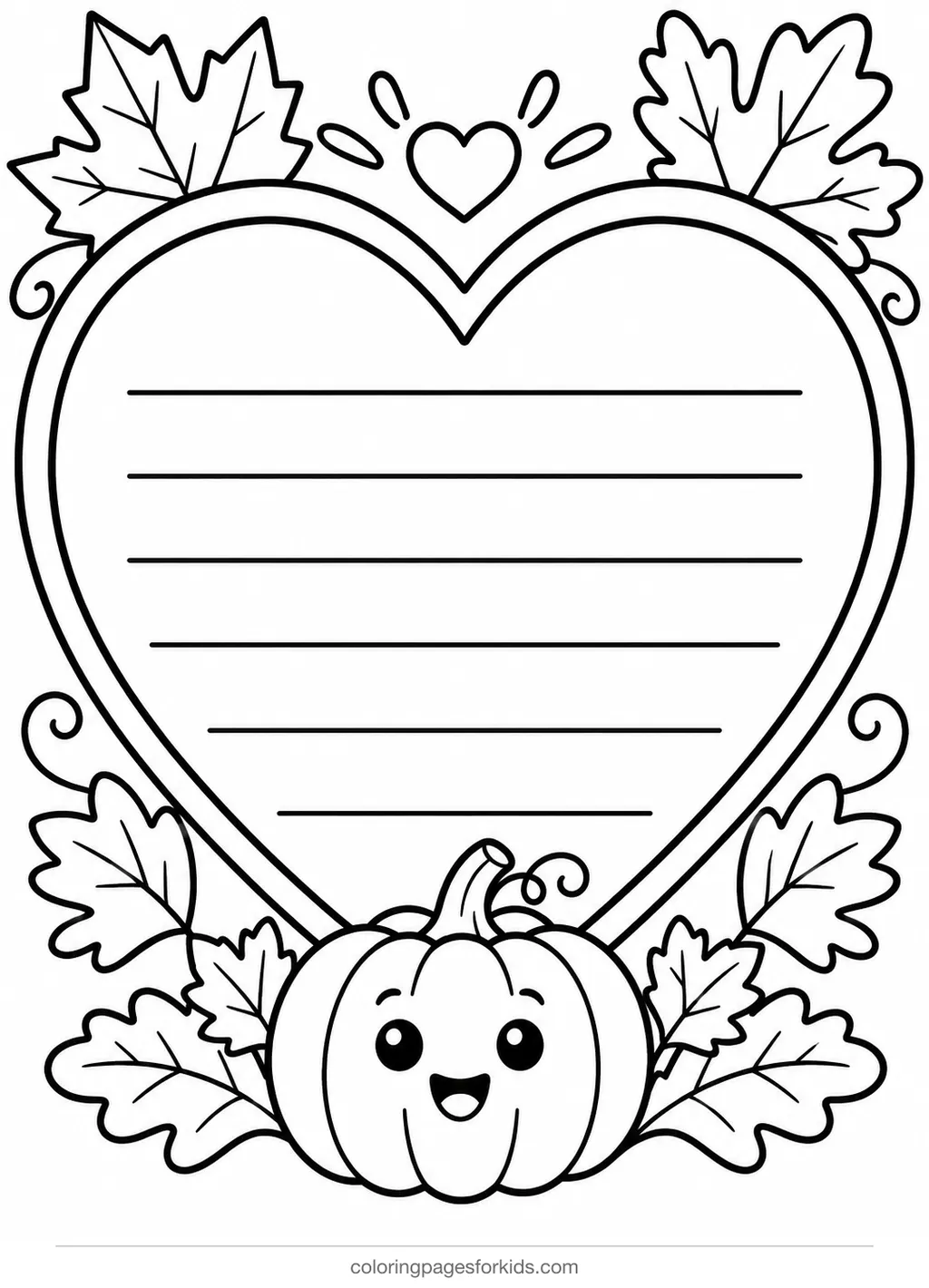 Thanksgiving coloring page of a thankful heart frame, easy black-and-white printable for ages 3-5