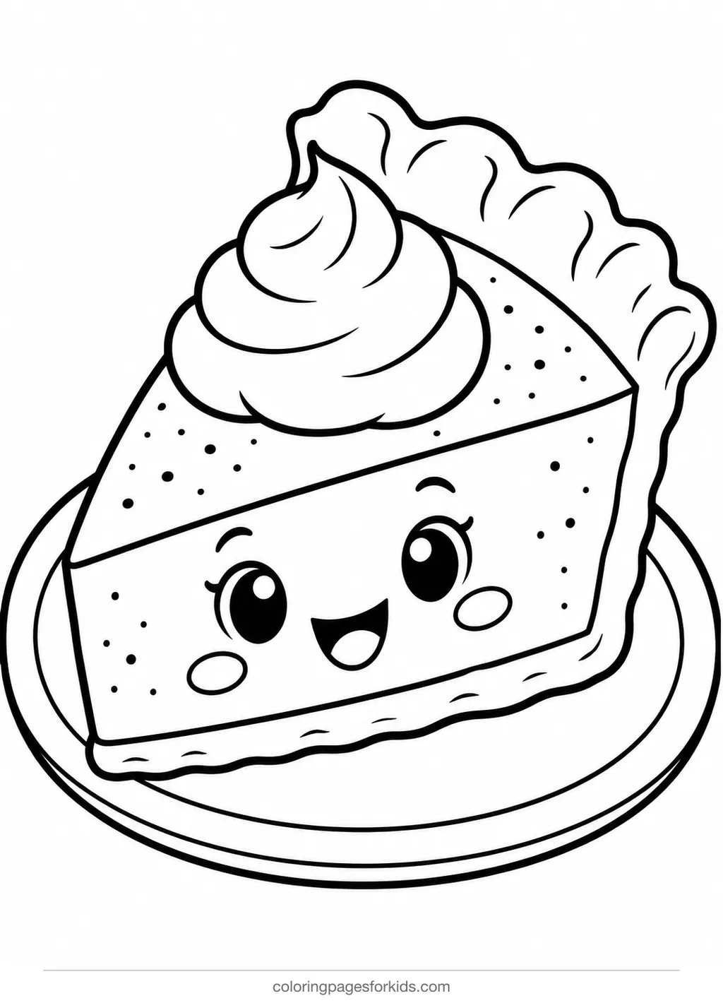 Thanksgiving coloring page of a smiling pumpkin pie slice, easy printable for ages 3-5