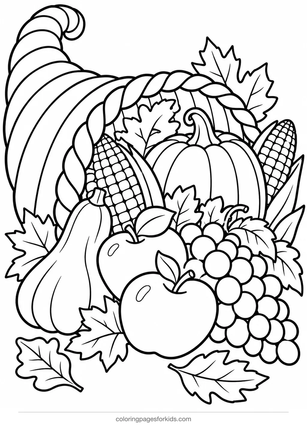 Thanksgiving coloring page of a cornucopia with fruit and vegetables, easy printable for ages 3-5