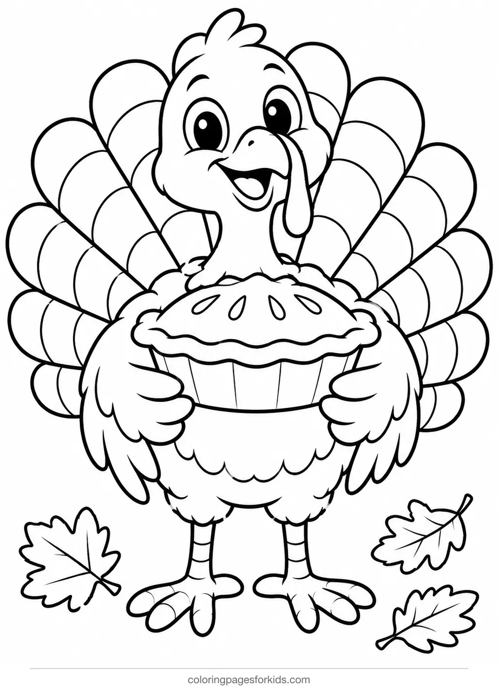 Thanksgiving coloring page of a cute turkey holding a pie, easy printable for ages 3-5