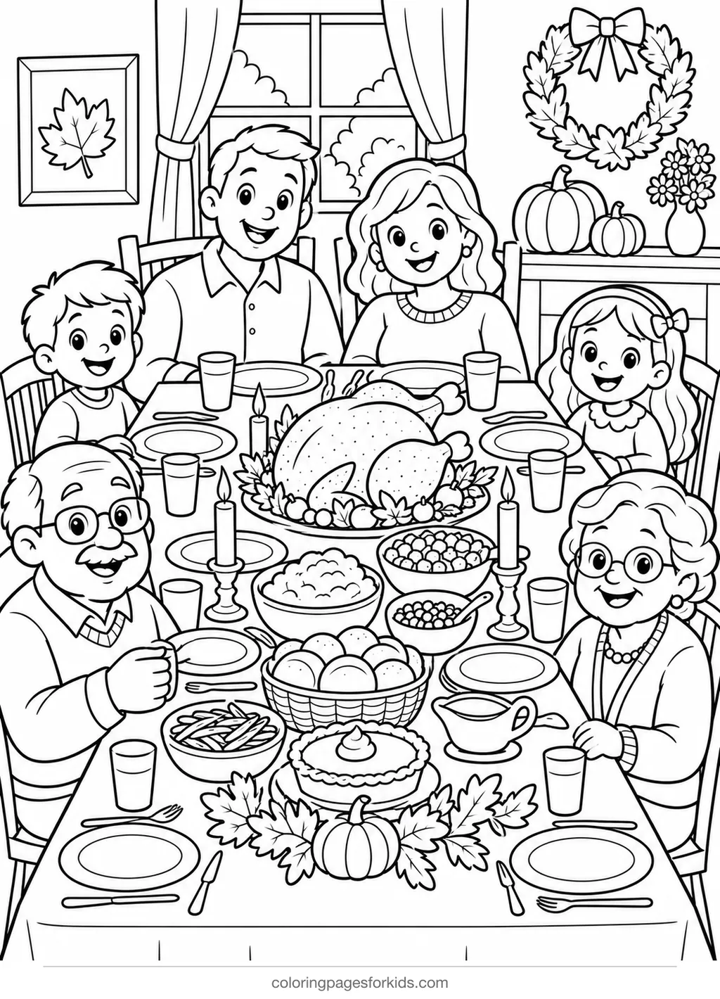 Thanksgiving coloring page of a family dinner table, medium printable for ages 5-7