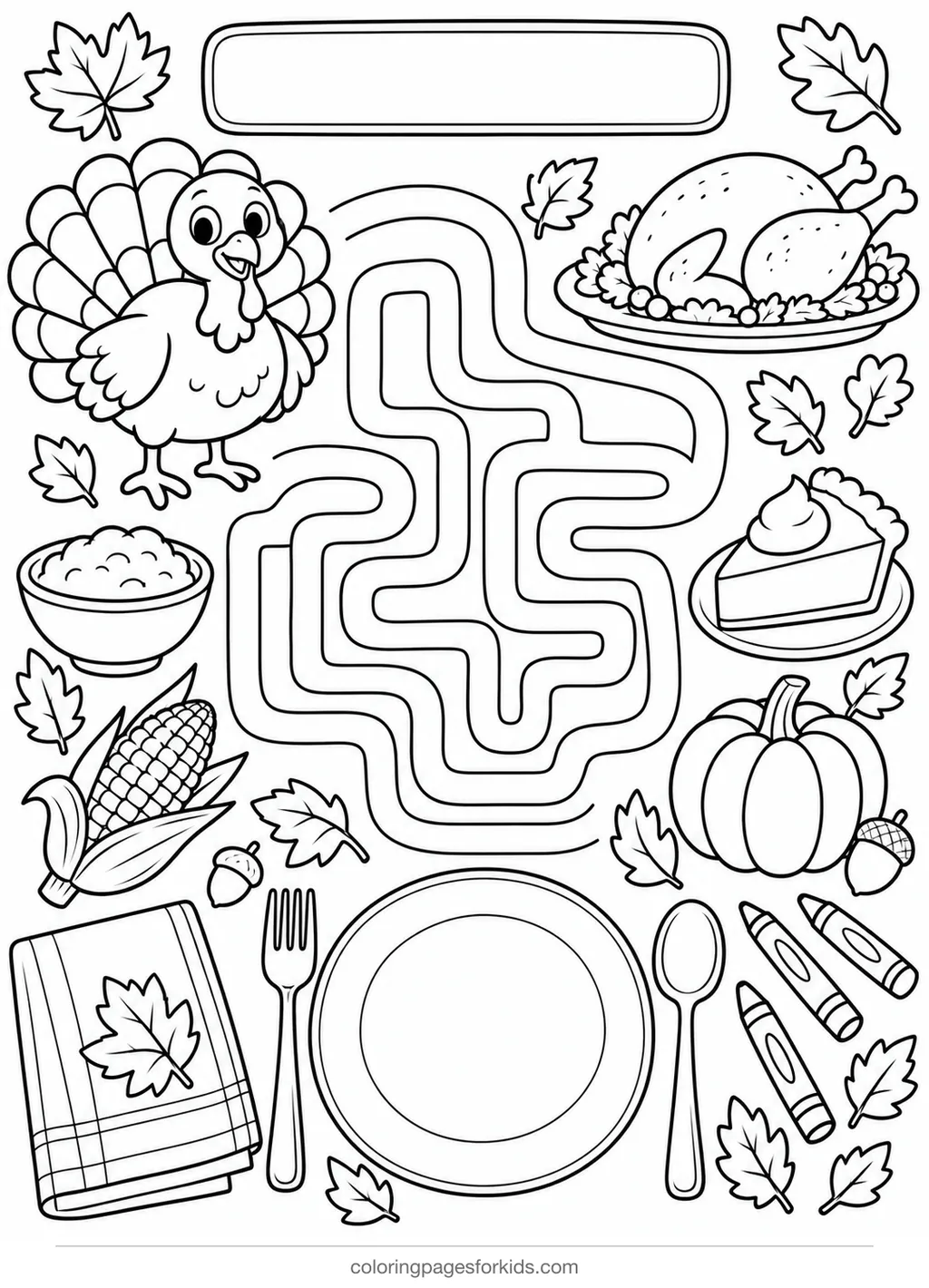 Thanksgiving coloring page of a kids table placemat activity, medium printable for ages 5-7