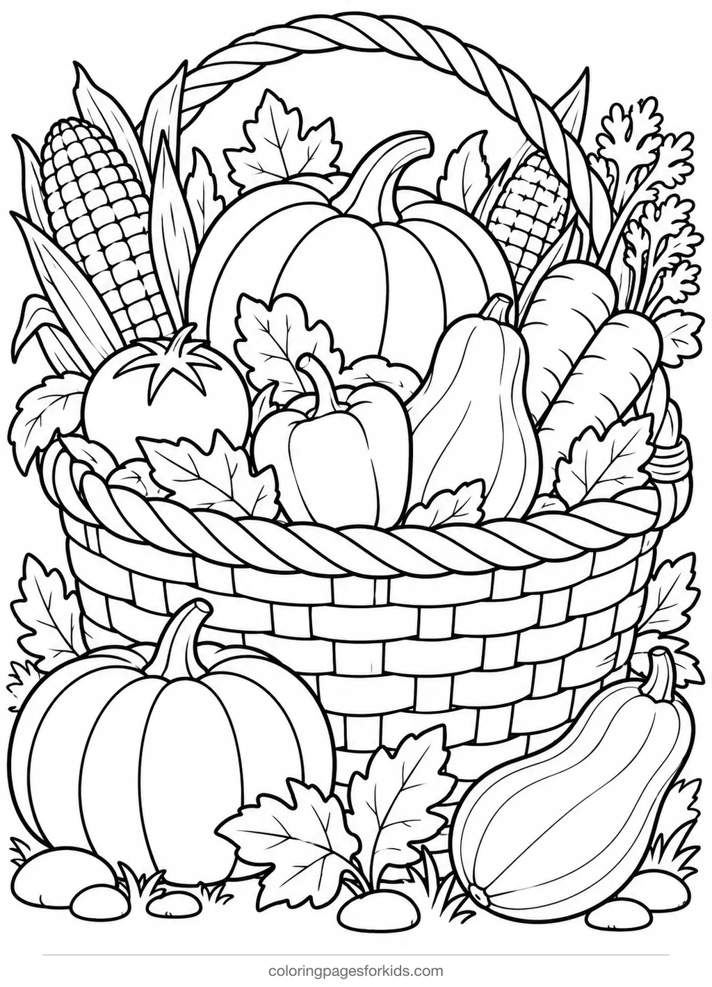 Thanksgiving coloring page of a harvest vegetable basket, medium printable for ages 5-7