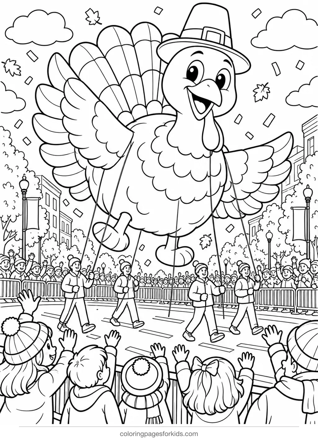 Thanksgiving coloring page of a turkey parade balloon float, medium printable for ages 5-7