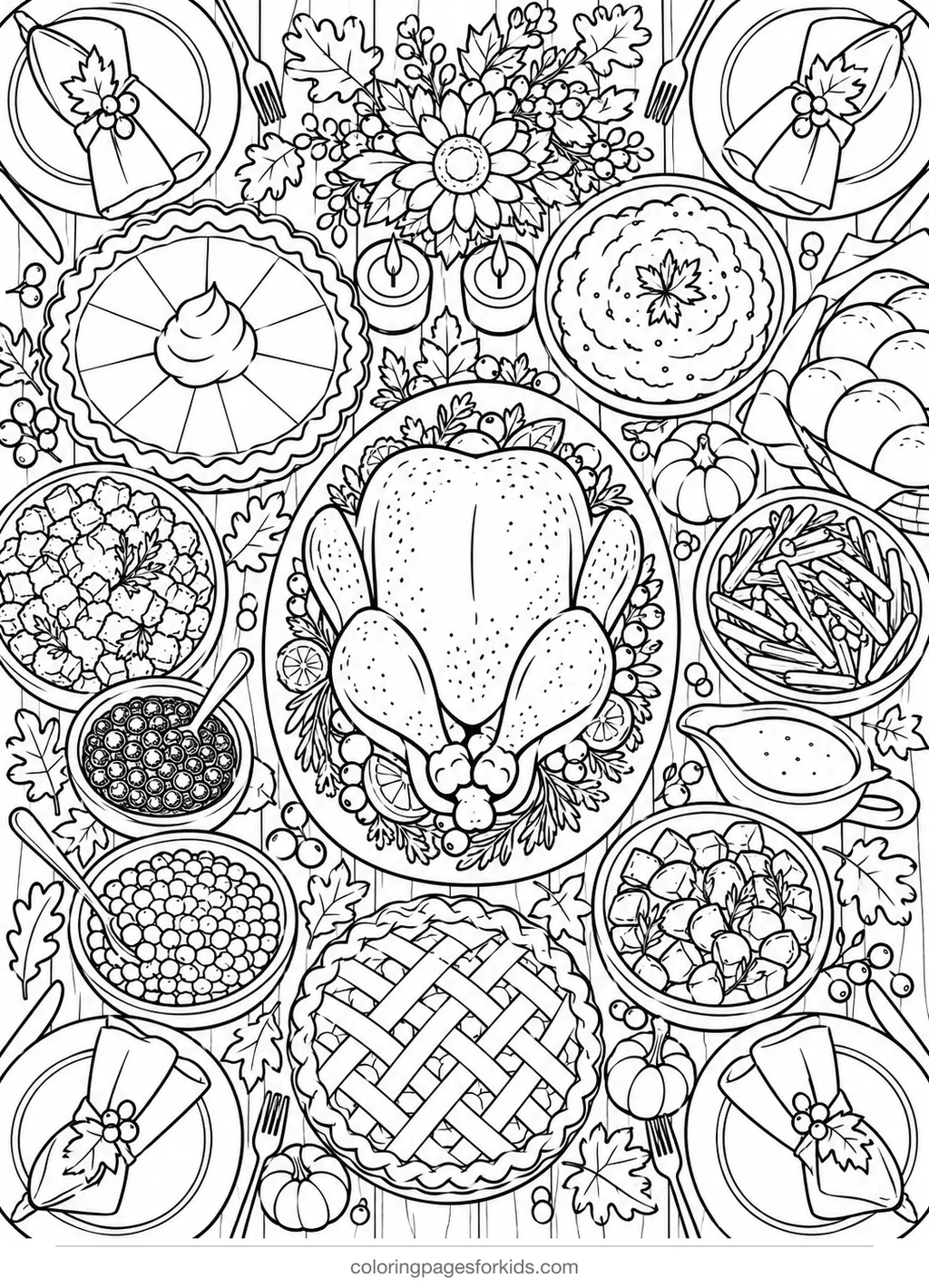 Thanksgiving coloring page of a detailed feast spread, detailed printable for ages 7-10