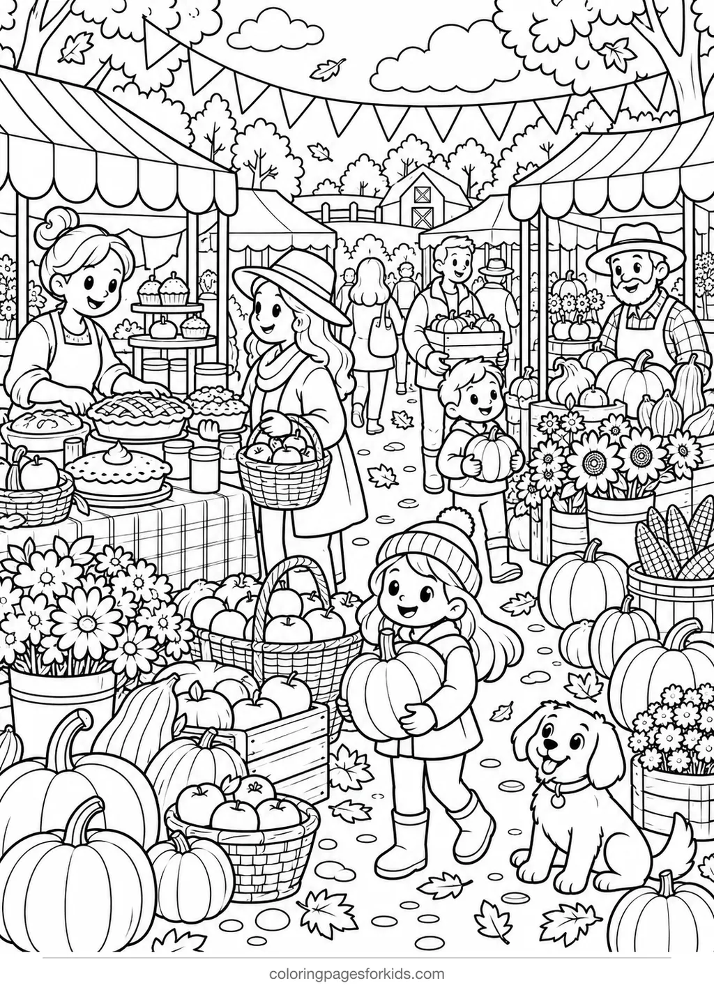 Thanksgiving coloring page of an autumn harvest market, detailed printable for ages 7-10