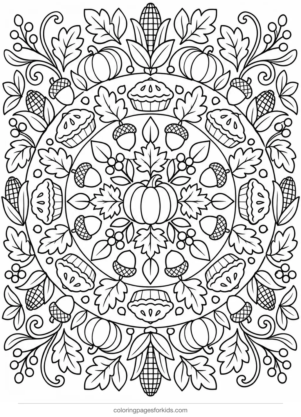 Thanksgiving coloring page of a leaf and pumpkin mandala, detailed printable for ages 7-10
