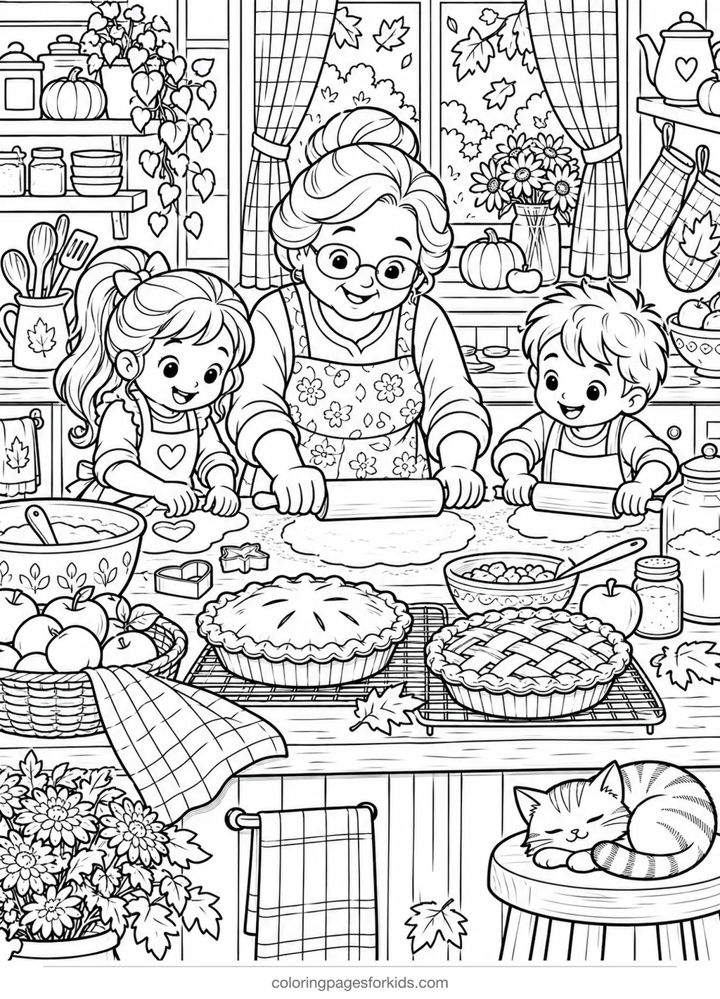 Thanksgiving coloring page of a grandparent and kids baking pies, detailed printable for ages 7-10