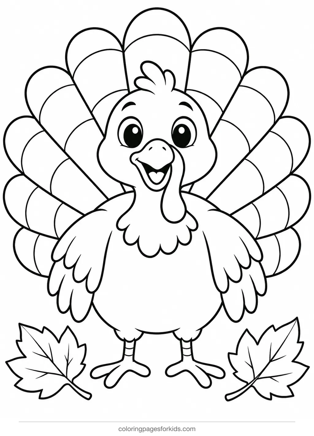 Turkey coloring page of a smiling turkey with big tail feathers, easy printable for preschoolers