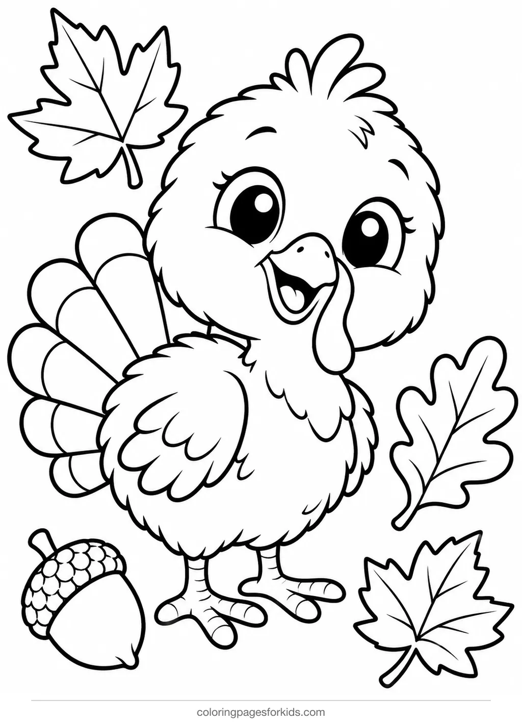 Turkey coloring page of a baby turkey chick by an acorn and leaves, easy printable for ages 3-5