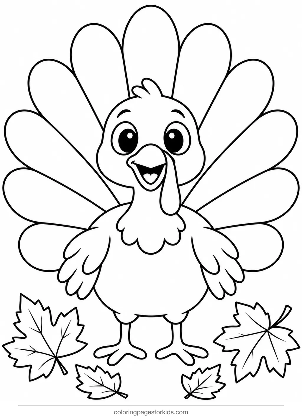 Turkey coloring page of a turkey with eleven feathers to count, medium printable for ages 5-7