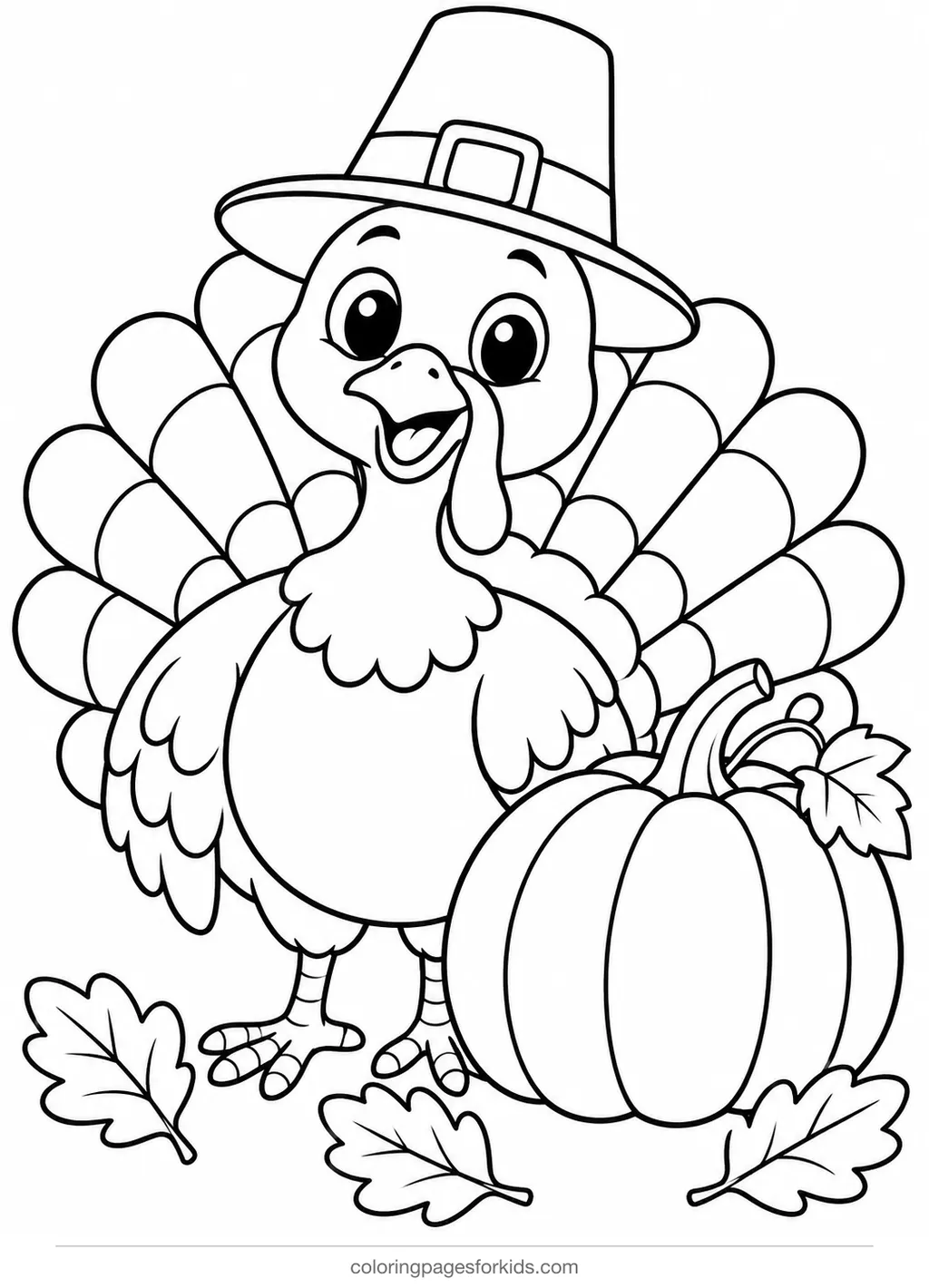 Turkey coloring page of a turkey in a tall buckle hat by a pumpkin, medium printable for ages 5-7