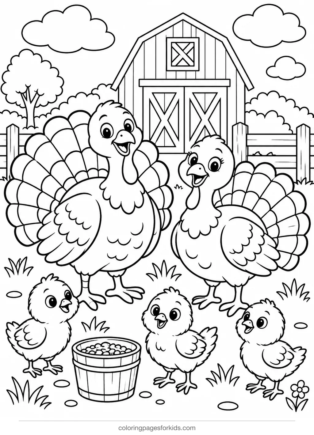 Turkey coloring page of a turkey family near a barn and fence, medium printable for ages 5-7