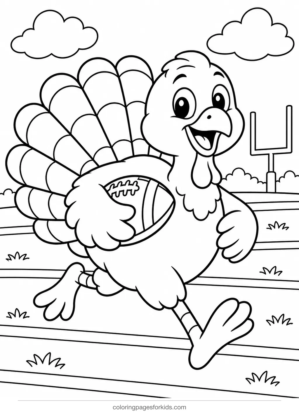 Turkey coloring page of a turkey running with a football, medium printable for ages 5-7