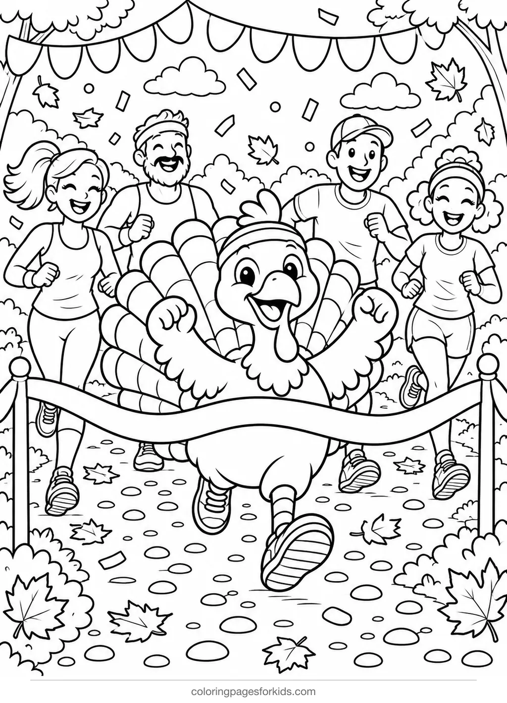 Turkey coloring page of a turkey trot race with runners and bunting, detailed printable for ages 7-10