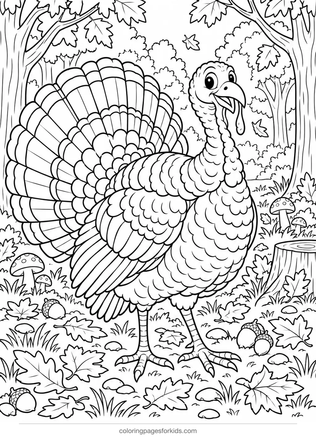 Turkey coloring page of a wild turkey in a forest with leaves, detailed printable for ages 7-10
