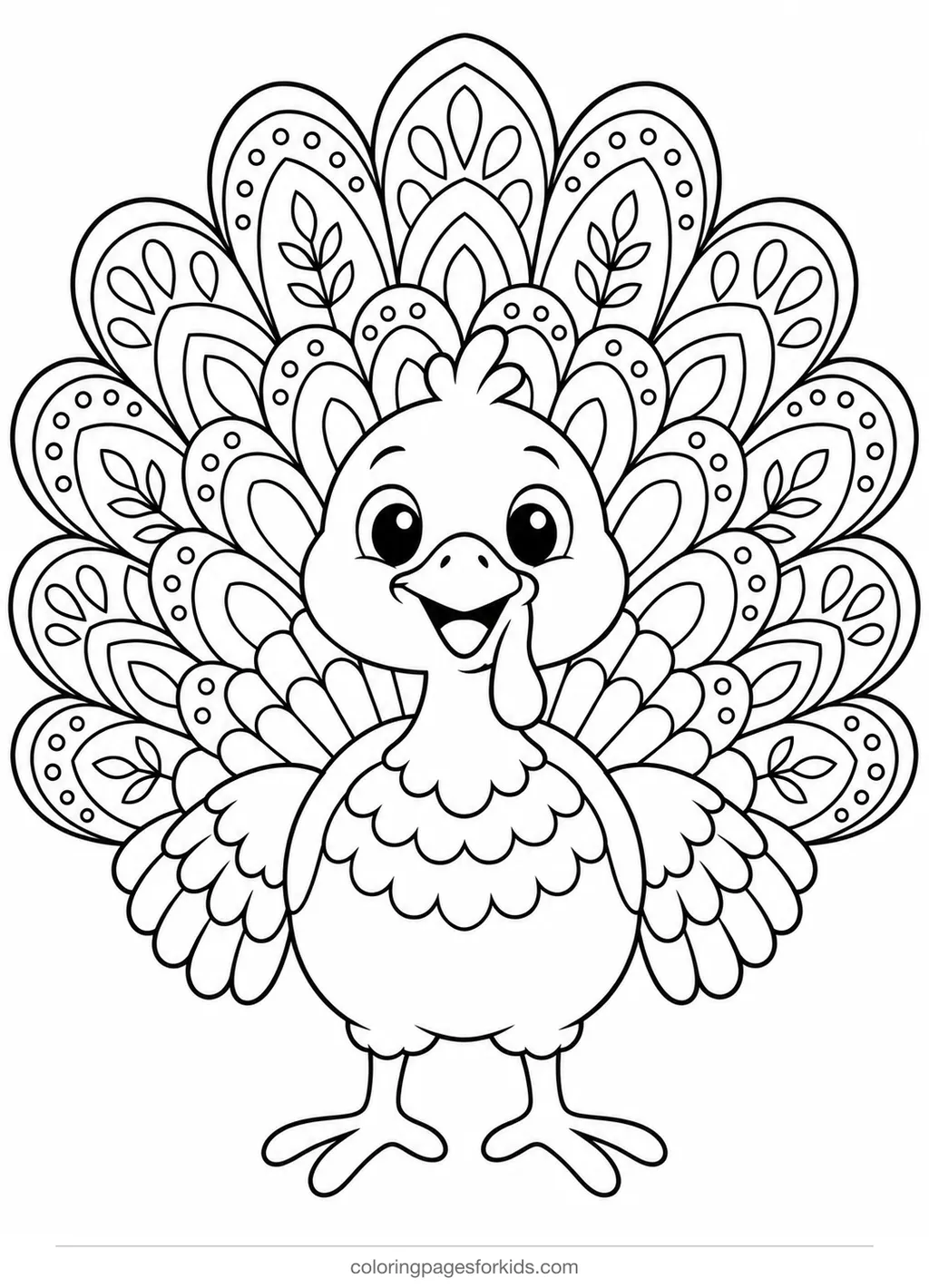 Turkey coloring page of a turkey mandala tail with detailed feather patterns, printable for ages 7-10