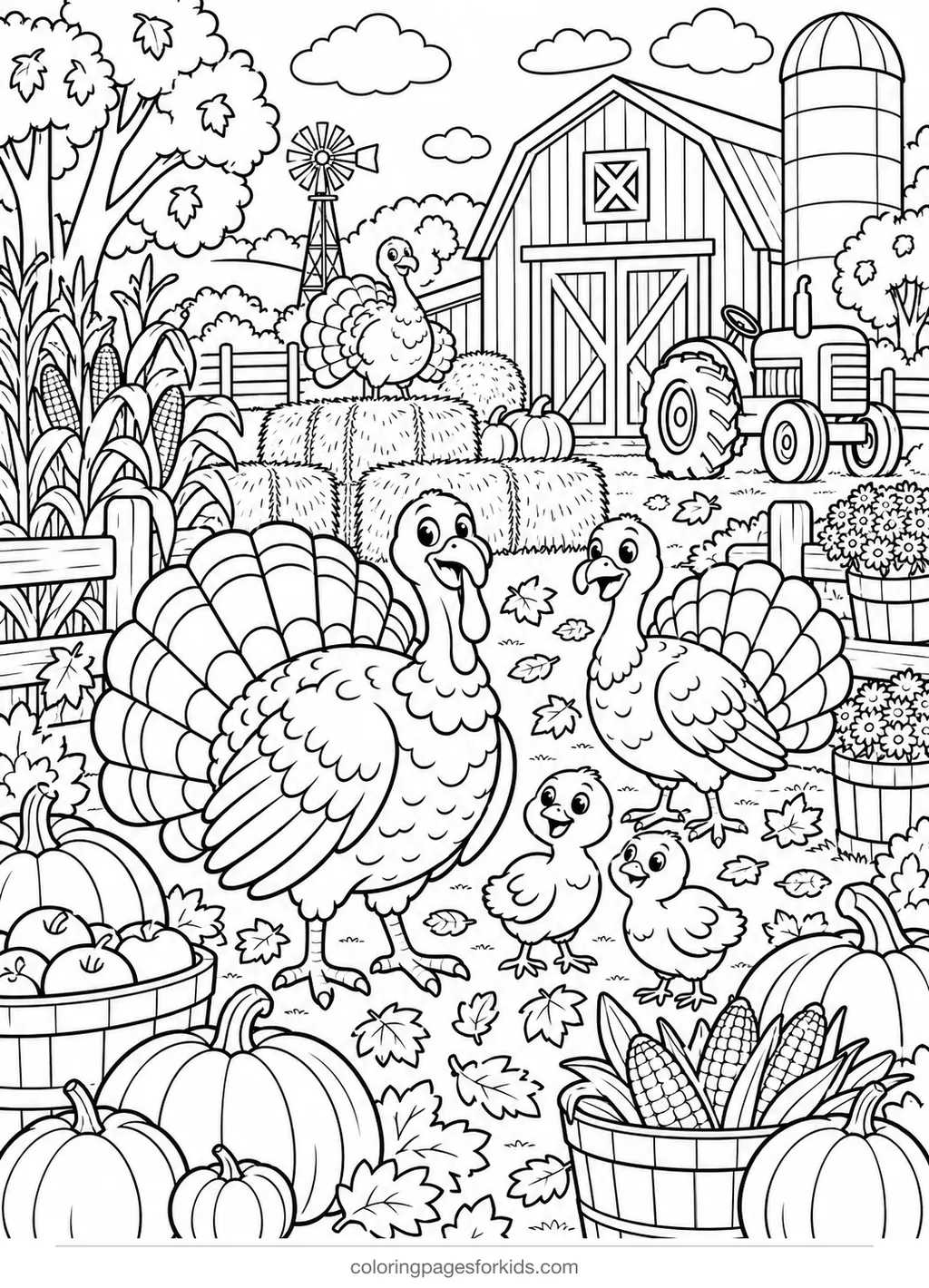 Turkey coloring page of a Thanksgiving farmyard with barn and pumpkins, detailed printable for ages 7-10