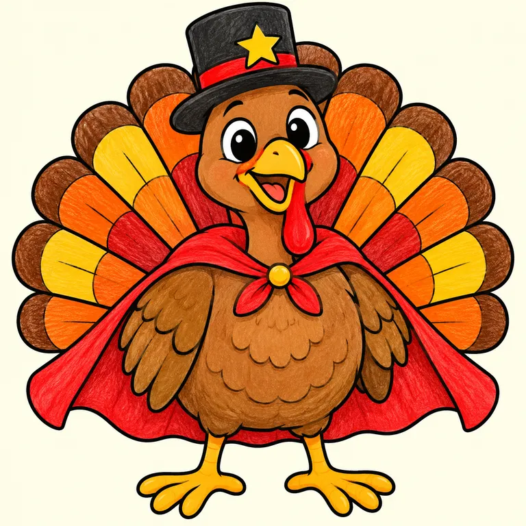 Colored example of a cute turkey disguise template with a smiling cartoon turkey