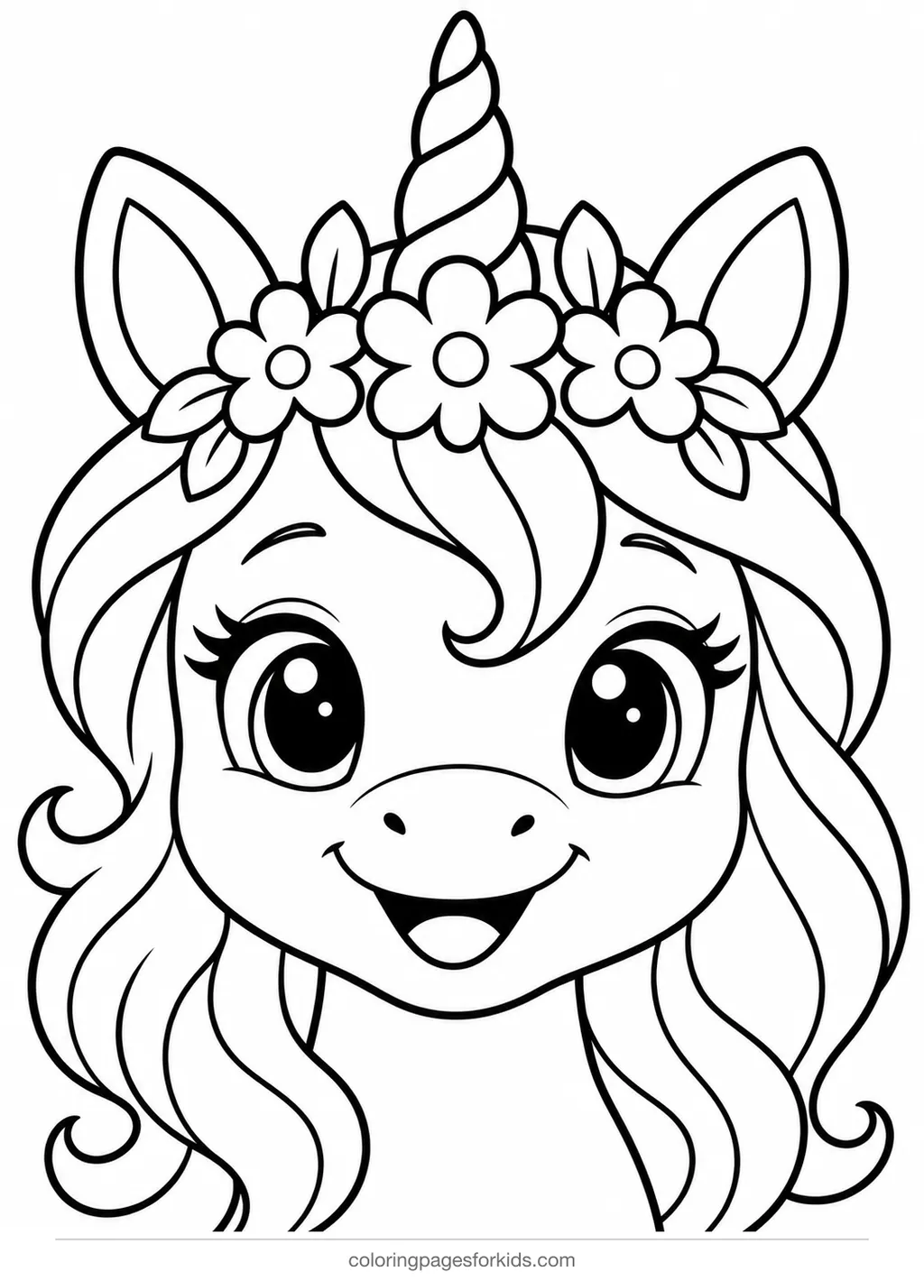 Unicorn coloring page of a smiling unicorn head with flowers, easy printable for preschoolers
