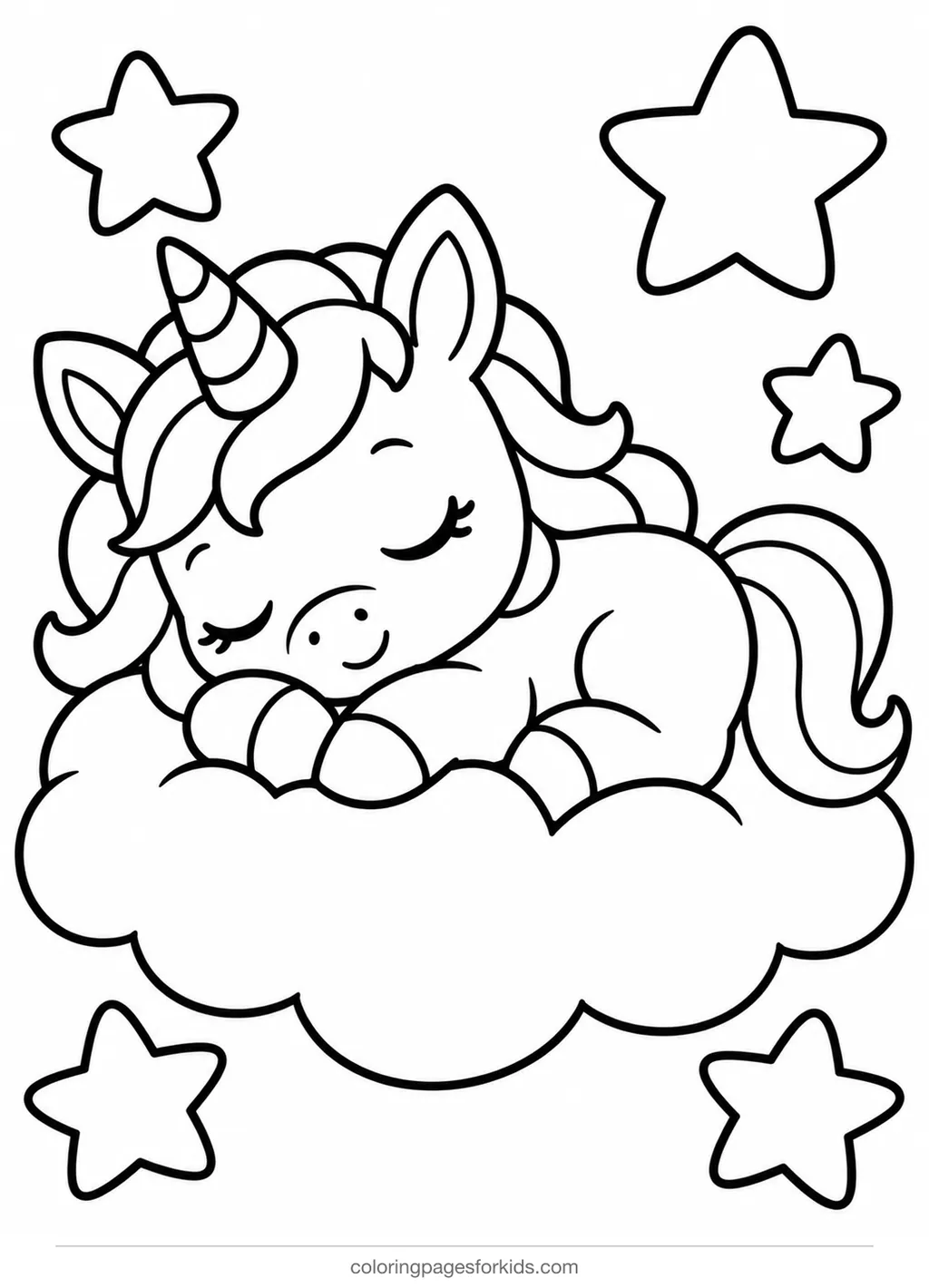 Unicorn coloring page of a baby unicorn sleeping on a cloud, easy printable for ages 3-5