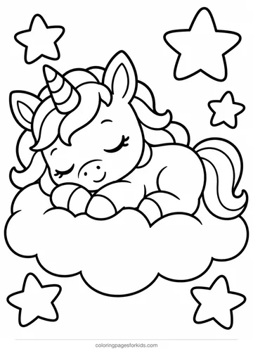 Unicorn coloring page of a baby unicorn sleeping on a cloud, easy printable for ages 3-5