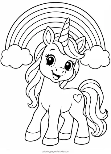 Unicorn coloring page of a unicorn under a rainbow, easy printable for ages 3-5