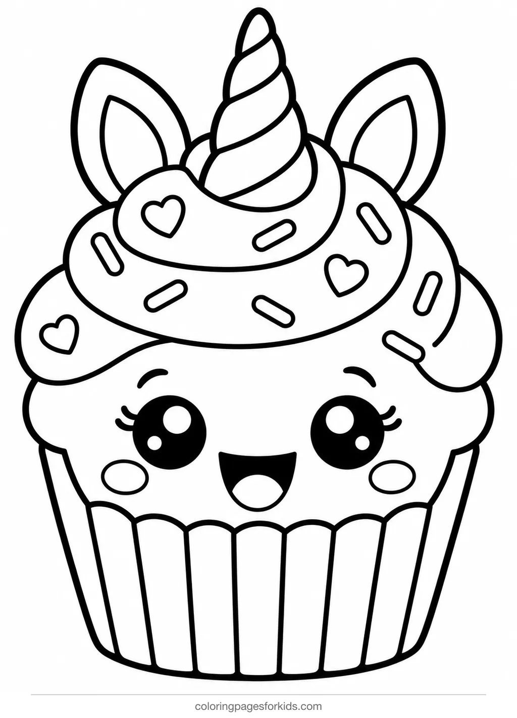 Unicorn coloring page of a smiling unicorn cupcake, easy printable for preschoolers