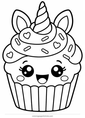 Unicorn coloring page of a smiling unicorn cupcake, easy printable for preschoolers