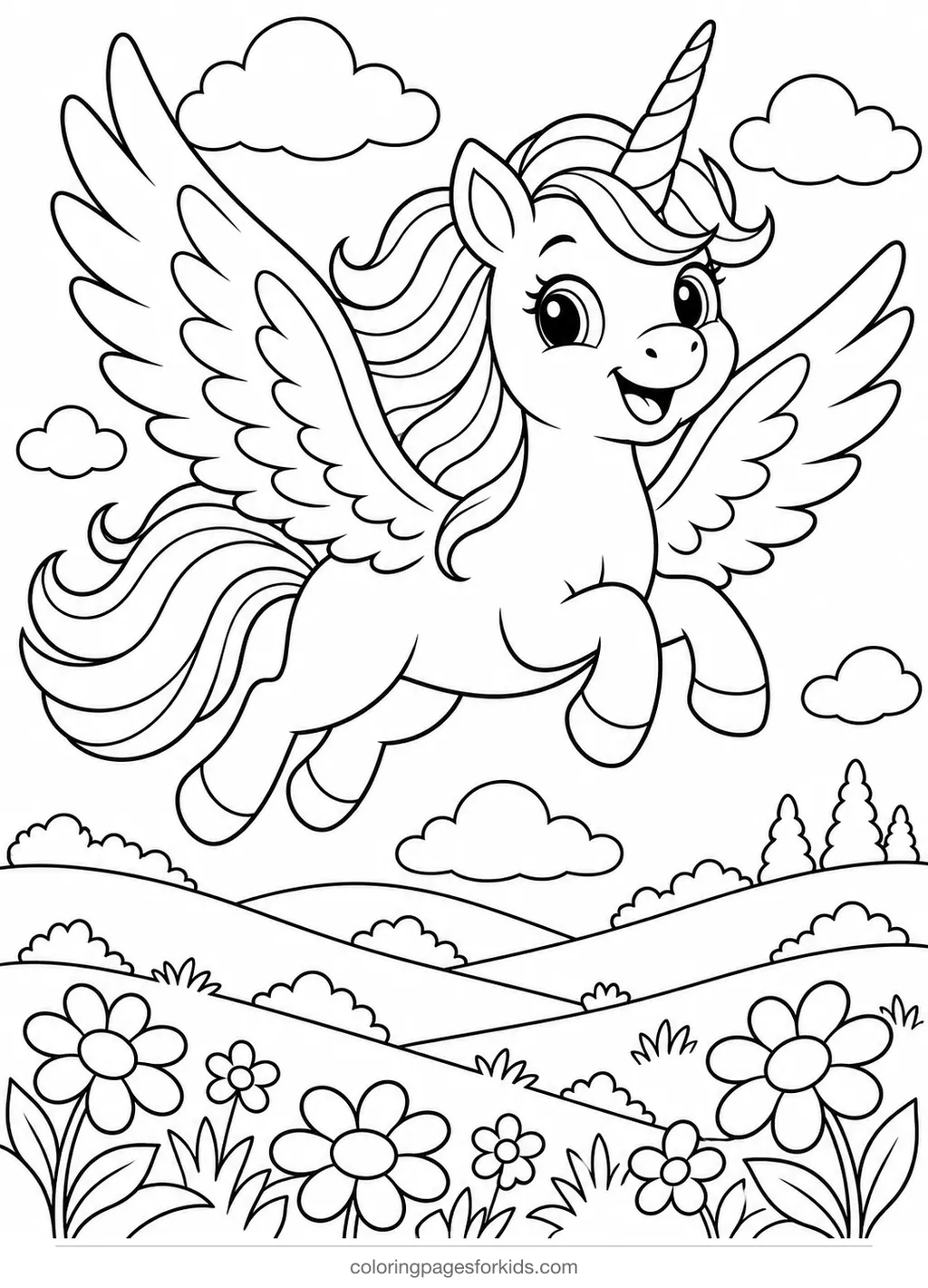 Unicorn coloring page of a winged unicorn flying over hills, medium printable for ages 5-7