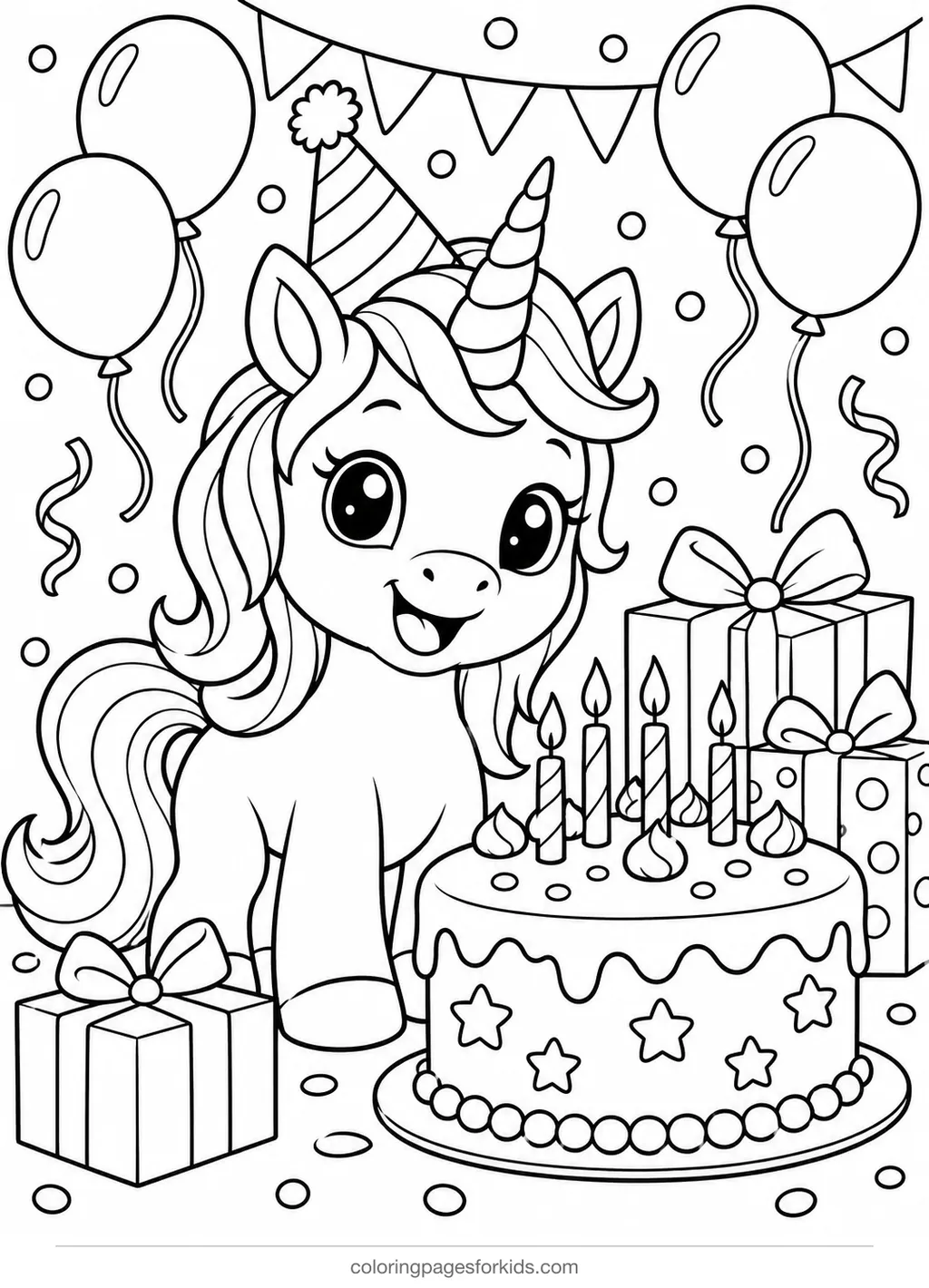 Unicorn coloring page of a birthday party with cake and balloons, medium printable for ages 5-7