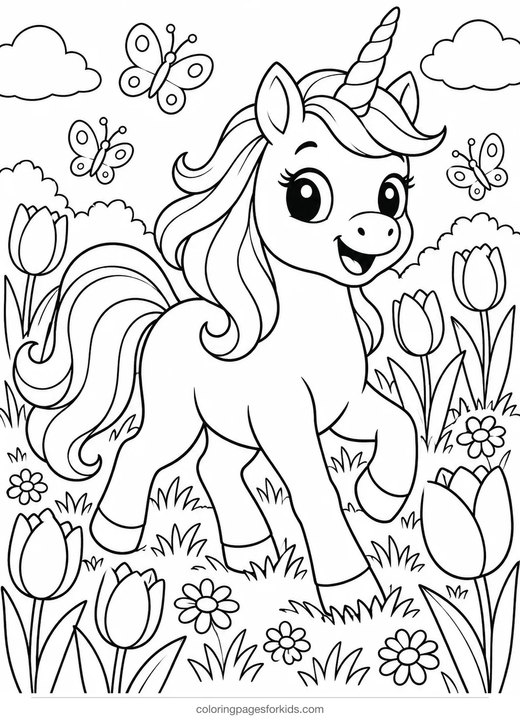 Unicorn coloring page of a unicorn in a flower meadow, medium printable for ages 5-7