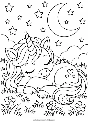 Unicorn coloring page of a unicorn sleeping under stars, medium printable for ages 5-7