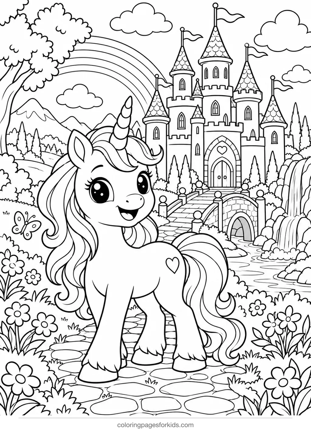 Unicorn coloring page of a unicorn at a magic castle, detailed printable for ages 7-10