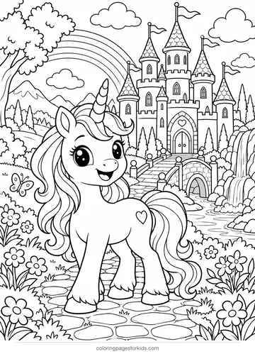 Unicorn coloring page of a unicorn at a magic castle, detailed printable for ages 7-10