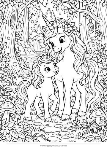Unicorn coloring page of a unicorn family in a forest, detailed printable for ages 7-10