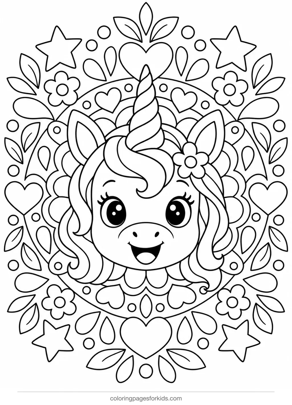 Unicorn coloring page of a unicorn mandala, detailed printable for ages 7-10
