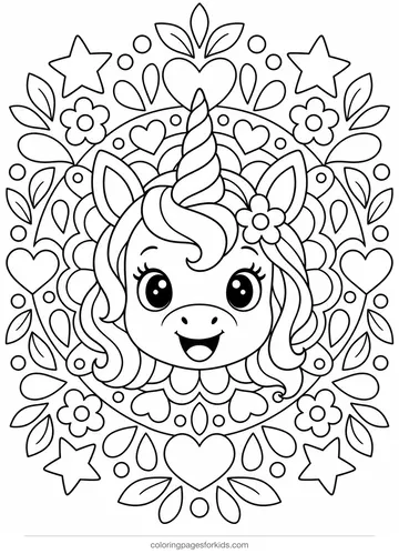 Unicorn coloring page of a unicorn mandala, detailed printable for ages 7-10