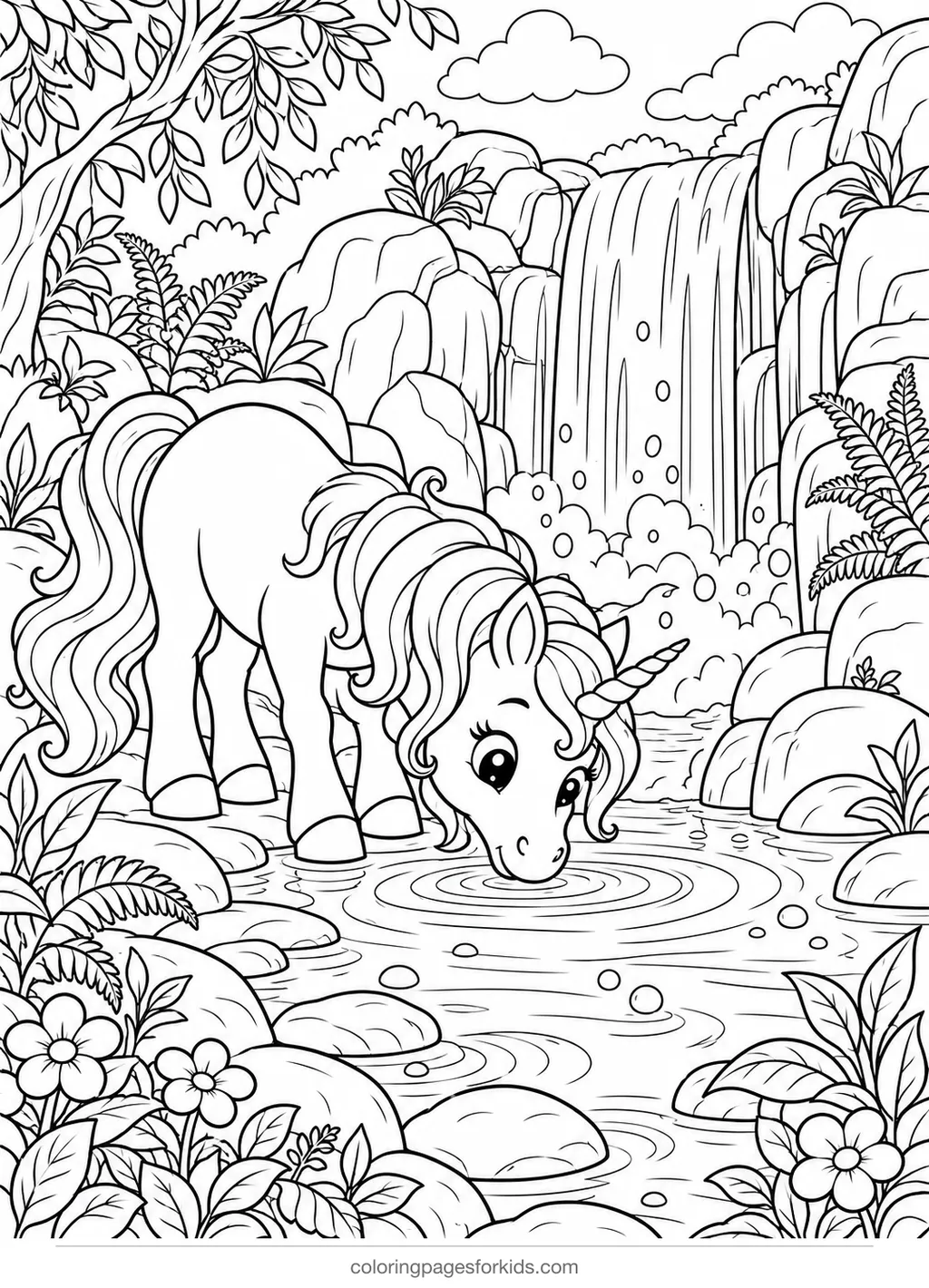 Unicorn coloring page of a unicorn by a waterfall, detailed printable for ages 7-10