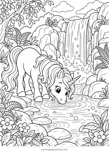 Unicorn coloring page of a unicorn by a waterfall, detailed printable for ages 7-10