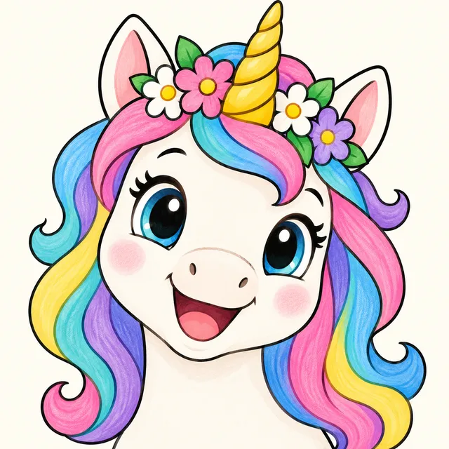 Colored example of a cute unicorn head with flowers for kids