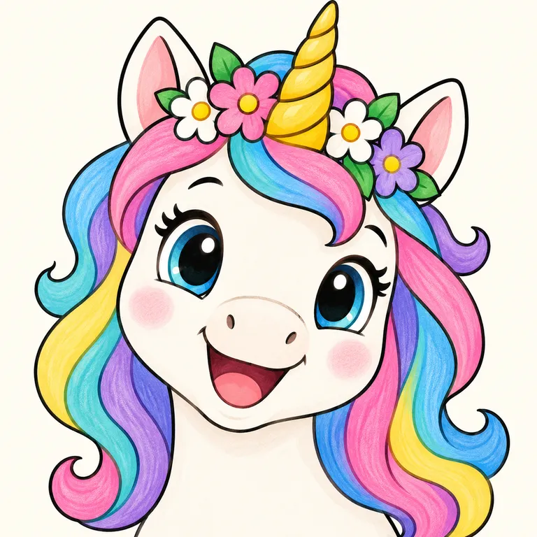 Colored example of a cute unicorn head with flowers for kids