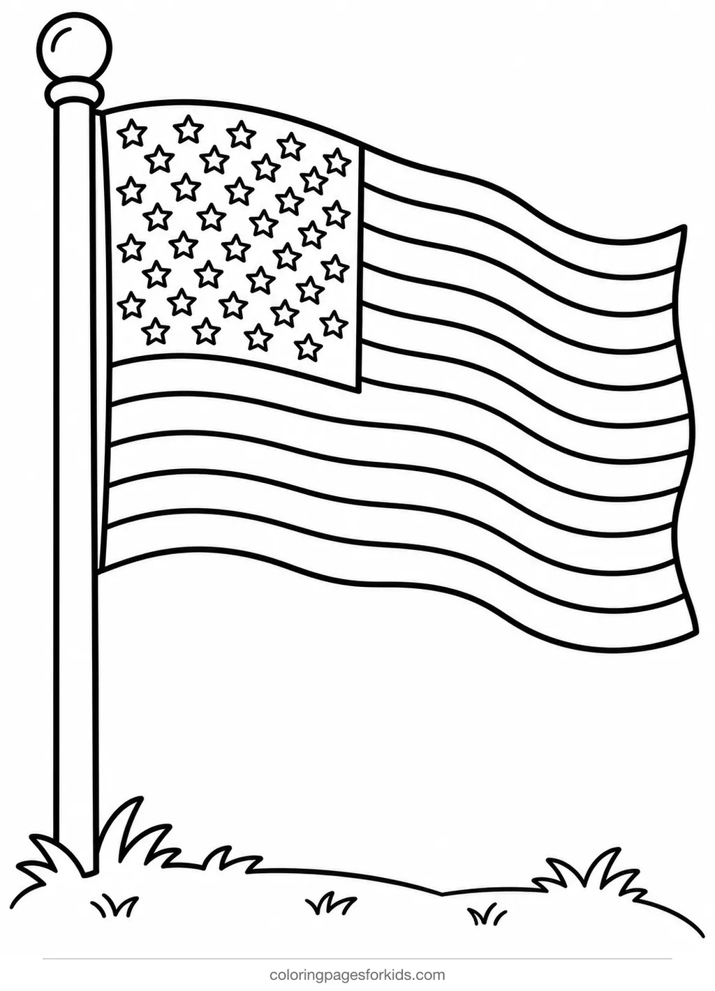 Veterans Day coloring page of a large flag waving on a flagpole, easy printable for preschoolers