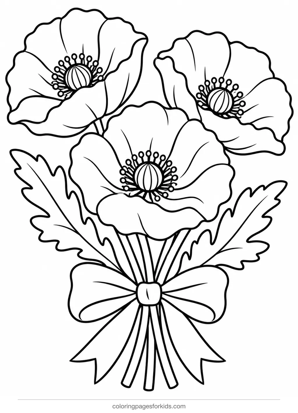 Veterans Day coloring page of a poppy bouquet with a bow, easy printable for ages 3-5