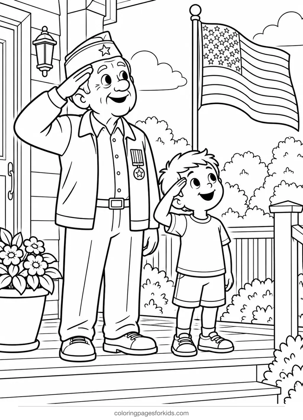 Veterans Day coloring page of a child and grandpa saluting a flag, medium printable for ages 5-7