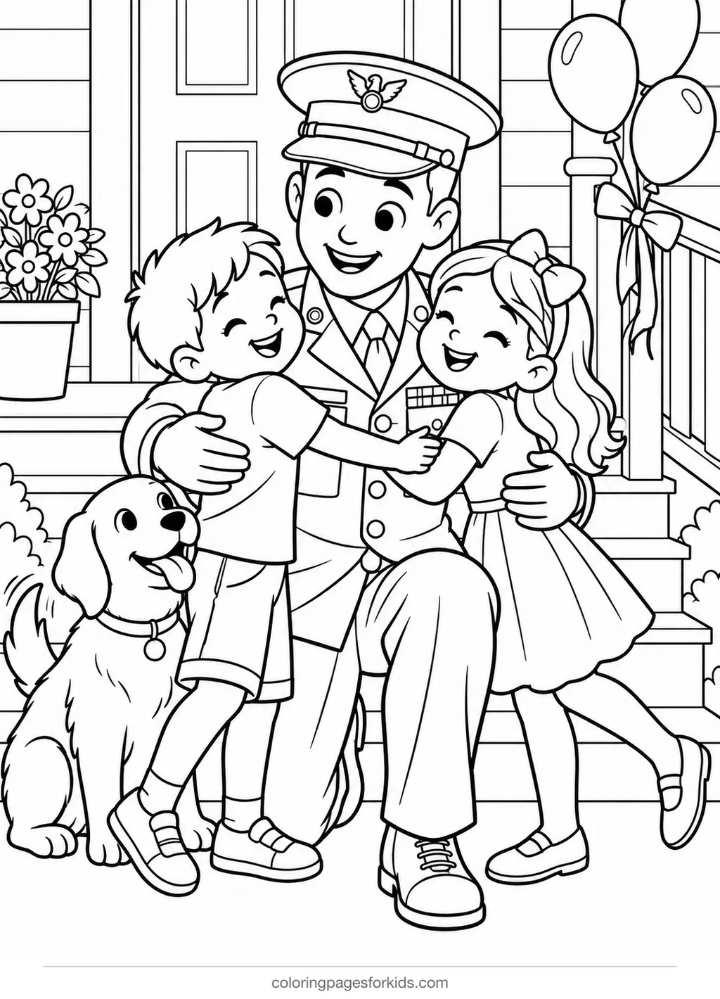 Veterans Day coloring page of a welcome home family hug, medium printable for ages 5-7