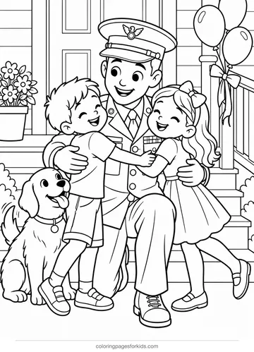 Veterans Day coloring page of a welcome home family hug, medium printable for ages 5-7