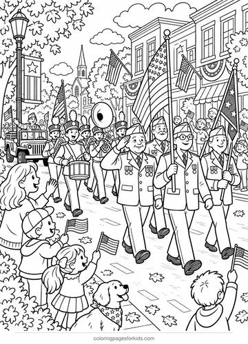 Veterans Day coloring page of a hometown parade with flags and band, detailed printable for ages 7-10