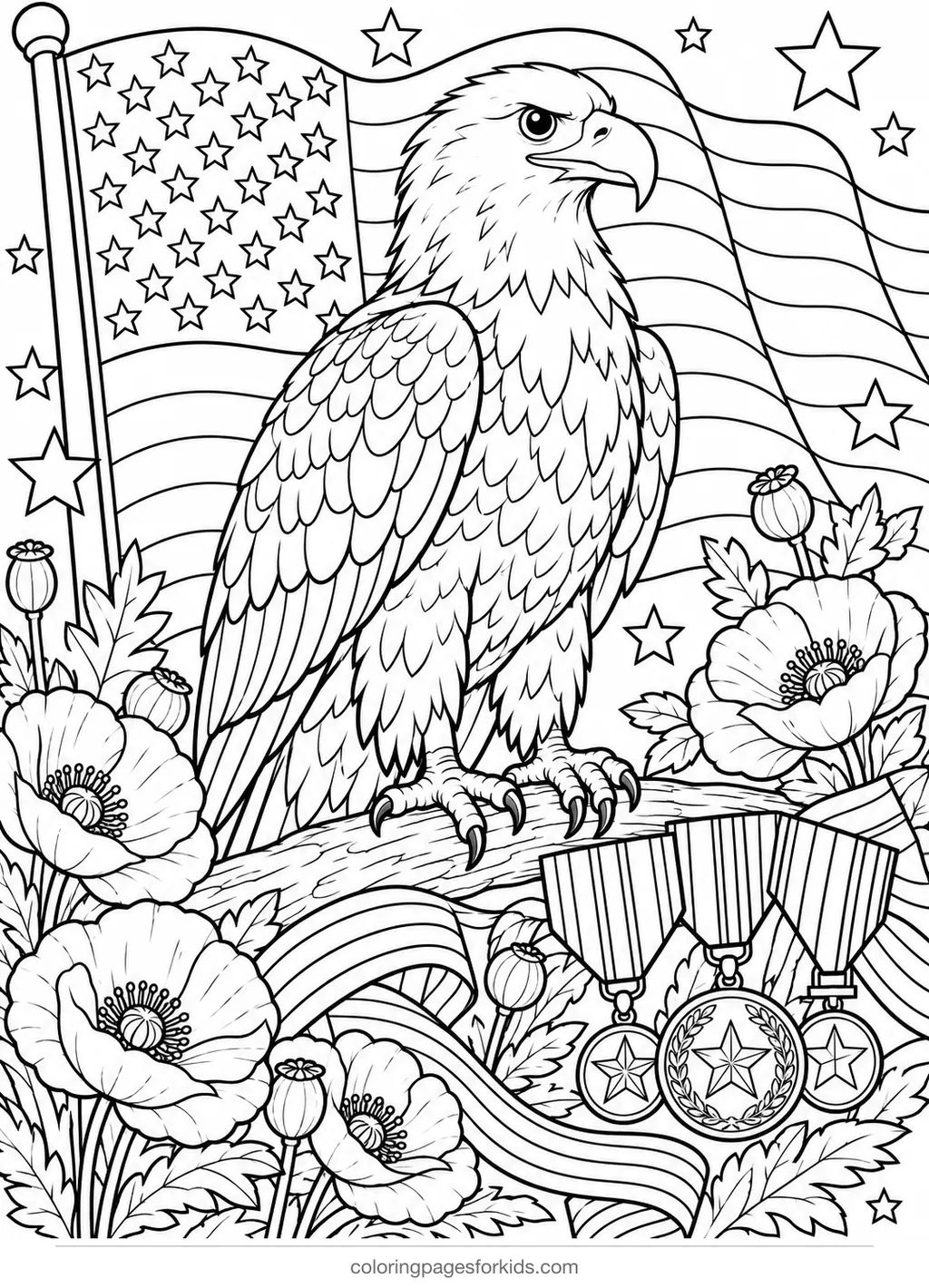 Veterans Day coloring page of a bald eagle with flag, stars and poppies, detailed printable for ages 7-10